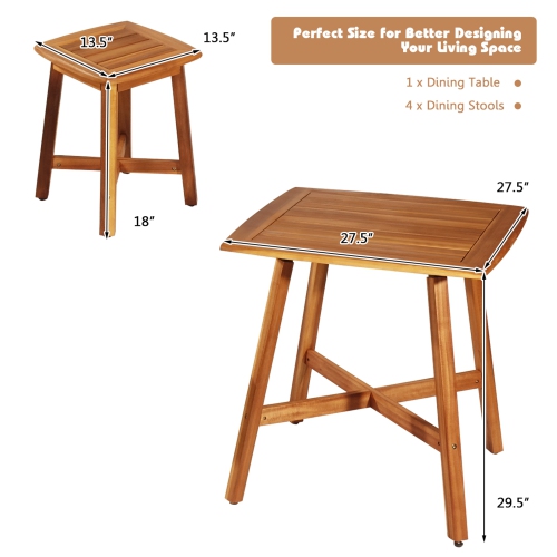 Gymax 5PCS Wooden Patio Dining Furniture Set Yard Outdoor w/ 4 Square Stools