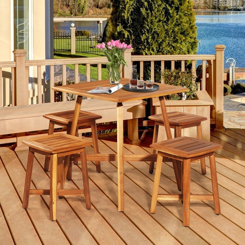 Gymax 5PCS Wooden Patio Dining Furniture Set Yard Outdoor w/ 4 Square Stools