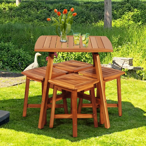 Gymax 5PCS Wooden Patio Dining Furniture Set Yard Outdoor w/ 4 Square Stools