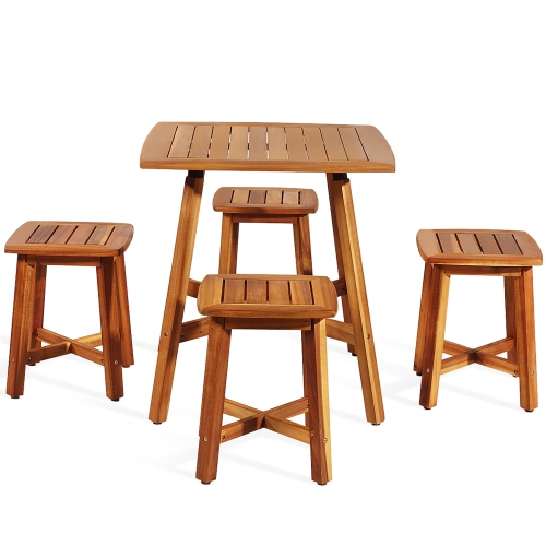 Gymax 5PCS Wooden Patio Dining Furniture Set Yard Outdoor w/ 4 Square Stools