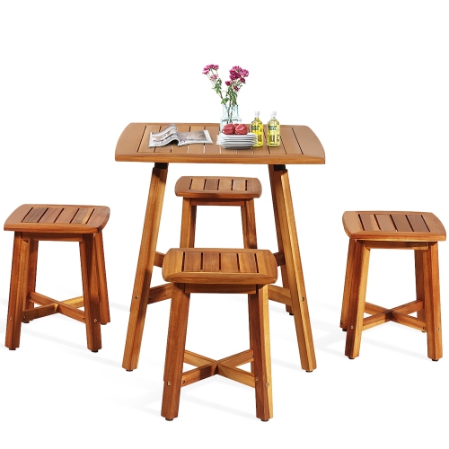 Gymax 5PCS Wooden Patio Dining Furniture Set Yard Outdoor w/ 4 Square Stools