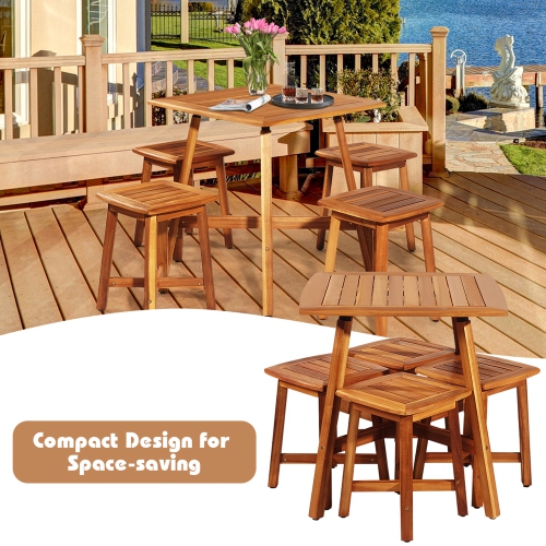 Gymax 5PCS Wooden Patio Dining Furniture Set Yard Outdoor w/ 4 Square Stools