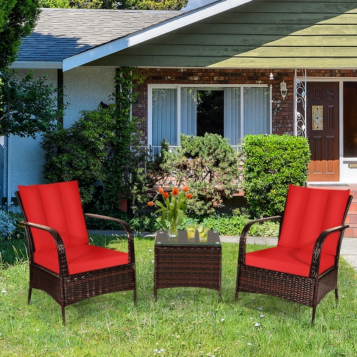 GYMAX  3PCs Patio Rattan Conversation Set Outdoor Furniture Set W/ Table Cushions