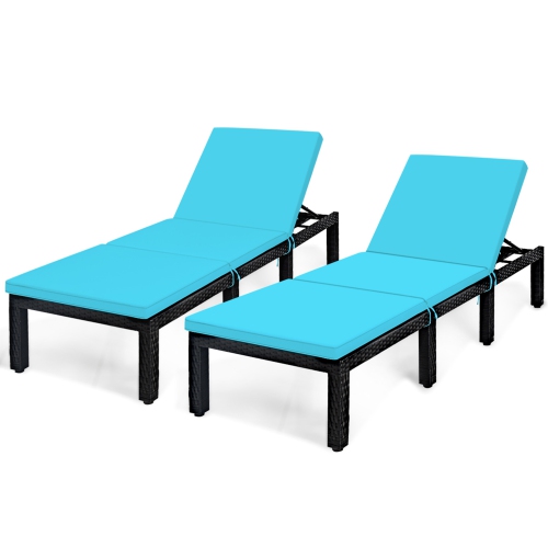 Gymax 2PCS Adjustable Rattan Patio Chaise Lounge Chair Couch w/ Turquoise Cushion