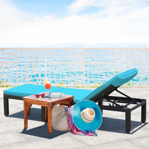 Gymax 2PCS Adjustable Rattan Patio Chaise Lounge Chair Couch w/ Turquoise Cushion