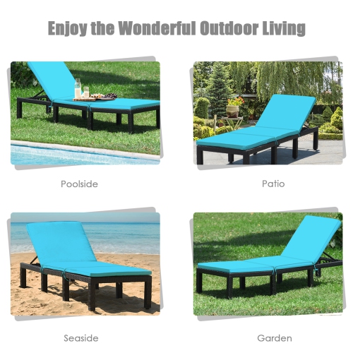 Gymax 2PCS Adjustable Rattan Patio Chaise Lounge Chair Couch w/ Turquoise Cushion