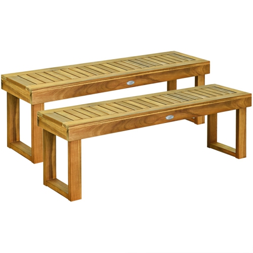 Gymax Set of 2 Acacia Wood Bench Dining Bench Patio Garden w/ Slatted Seat Indonesia Teak