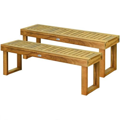 Gymax Set of 2 Acacia Wood Bench Dining Bench Patio Garden w/ Slatted Seat Indonesia Teak