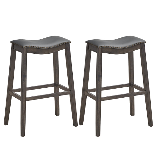 GYMAX  Set Of 2 Saddle Bar Stools Bar Height Kitchen Chairs W/ Rubber Wood Legs In Brown
