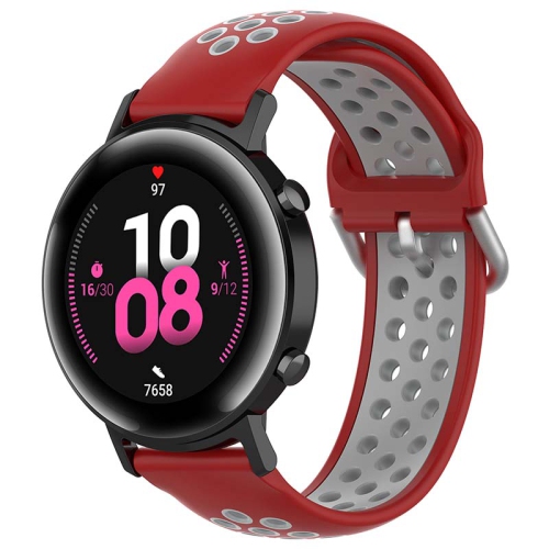 STRAPSCO  Buckle-And-Tuck Perforated Silicone Rubber Watch Band Strap for Samsung Galaxy Watch / Active / Gear - 20MM - & Grey In Red
