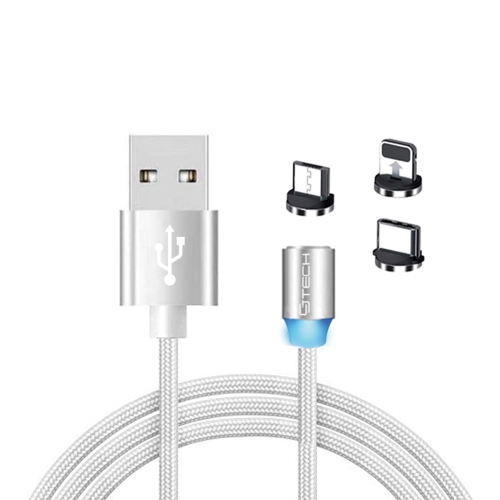 CJ TECH  Magnetic Tip 3 In 1 Micro USB, Type C, And Lightning Non Mfi Universal Charging Cable With Led Light - 6Ft (White)