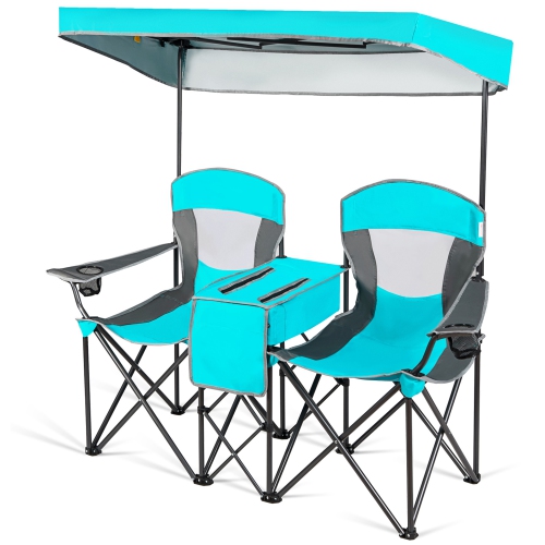Gymax Folding 2-person Camping Chairs Double Sunshade Chairs w/ Canopy Blue/Turquoise/Red