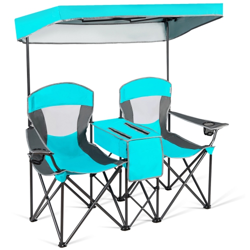 Gymax Folding 2-person Camping Chairs Double Sunshade Chairs w/ Canopy Blue/Turquoise/Red