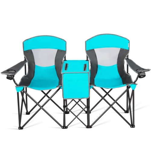 Gymax Folding 2-person Camping Chairs Double Sunshade Chairs w/ Canopy Blue/Turquoise/Red