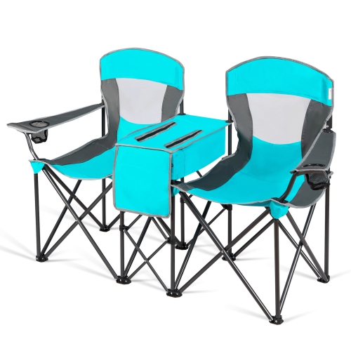 Gymax Folding 2-person Camping Chairs Double Sunshade Chairs w/ Canopy Blue/Turquoise/Red