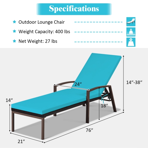 Chaise longue en rotin réglable de patio d'extérieur avec matelas Gymax