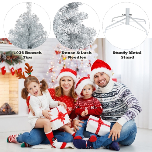 Gymax 6 FT Silver Tinsel Christmas Tree Artificial Hinged Tree Holiday Decoration