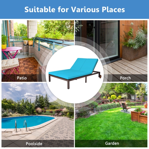 Gymax Adjustable Patio Rattan 2 Person Recliner Lounge Chair w/ Turquoise Cushion Wheel