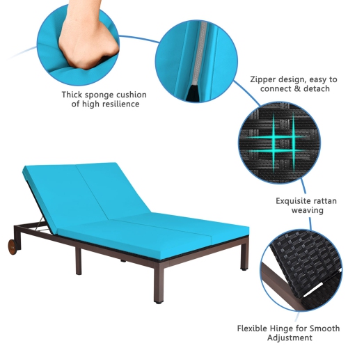 Gymax Adjustable Patio Rattan 2 Person Recliner Lounge Chair w/ Turquoise Cushion Wheel
