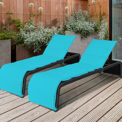 GYMAX  Set Of 2 Adjustable Rattan Patio Recliner Chaise Lounge Chair W/ Cushion In Turquoise