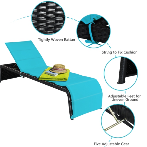 Gymax Set of 2 Adjustable Rattan Patio Recliner Chaise Lounge Chair w/ Turquoise Cushion