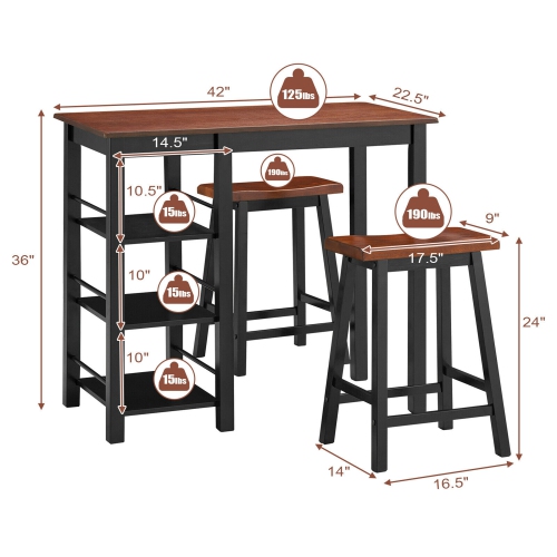 Gymax 3-Piece Counter Height Dining Table Set w/2 Saddle Stools&Storage Shelves Walnut