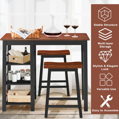 Gymax 3-Piece Counter Height Dining Table Set w/2 Saddle Stools&Storage Shelves Walnut