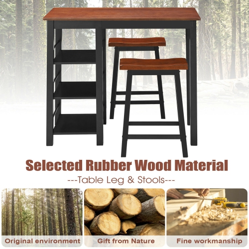 Gymax 3-Piece Counter Height Dining Table Set w/2 Saddle Stools&Storage Shelves Walnut