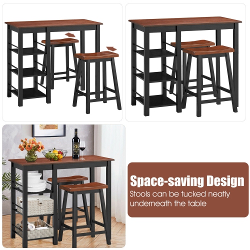 Gymax 3-Piece Counter Height Dining Table Set w/2 Saddle Stools&Storage Shelves Walnut