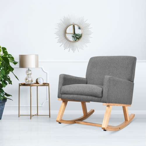 Gymax Mid Century Fabric Rocking Chair Upholstered Accent Armchair Lounge Chair Beige/Gray