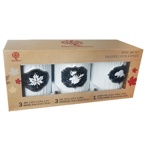 Canadiana Porcelain Spice Storage Jar Set w/ Bamboo Tray & Lids