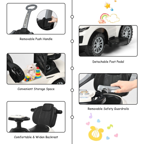 Voiture à pousser 3 en 1 Costway, trotteur pour tout-petit, poussette voiture, avec musique, blanc