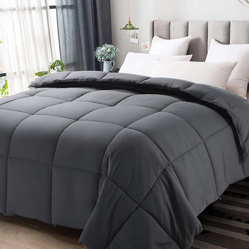 Canadian Linen Down Alternative Queen Size Comforter Grey All Season Quilted Box Stitched Corner Tabs Soft Warm Hypoallergenic Premium Microfiber Fil