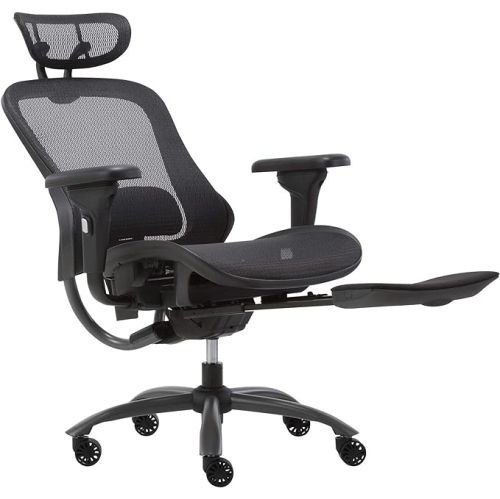 Fauteuil de bureau ergonomique en filet de luxe, fauteuil de bureau d’ordinateur avec appuie-tête et repose-pieds, noir