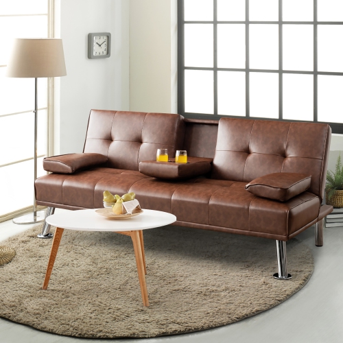Costway Convertible Folding Futon Sofa Bed Leather w/Cup Holders&Armrests