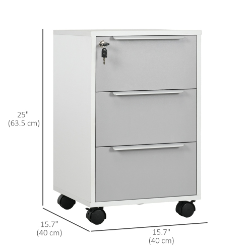 HOMCOM Vertical Filing Cabinet with Lock, 3-Drawer File Cabinet with Wheels, Home Office Organizer, White and Grey