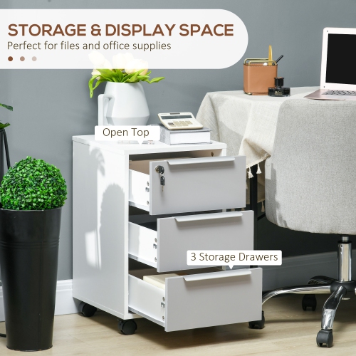 HOMCOM Vertical Filing Cabinet with Lock, 3-Drawer File Cabinet with Wheels, Home Office Organizer, White and Grey