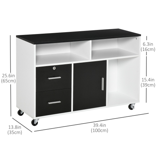 HOMCOM Lateral Filing Cabinet, Printer Stand Home Office Mobile File Cabinet with Wheels, Lockable Drawer, Black