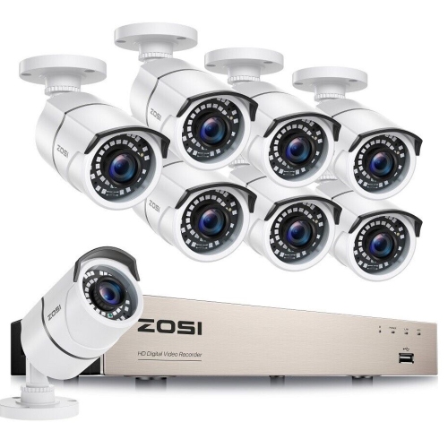 ZOSI  H.265+ 8Ch 5Mp Lite Dvr Home Security Camera System, 8PCs 1080P Bullet Outdoor Surveillance Cameras, 120Ft Night Vision, Motion Detection