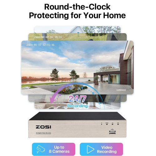 ZOSI H.265+ 8CH 5MP Lite DVR Home Security Camera System, 8pcs 2MP Dome Outdoor Surveillance Cameras, 80ft Night Vision, Motion Detection, Remote