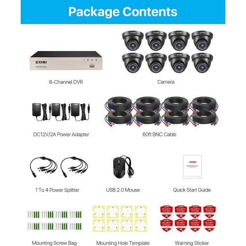 ZOSI H.265+ 8CH 5MP Lite DVR Home Security Camera System, 8pcs 2MP Dome Outdoor Surveillance Cameras, 80ft Night Vision, Motion Detection, Remote