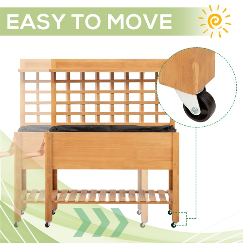 Outsunny Wooden Raised Garden Bed with Wheels and Brakes, Elevated Planter Box with Trellis and Shelves, for Growing Flowers, Vegetables, Herbs in