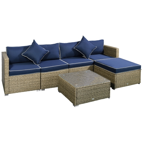 OUTSUNNY  6 Pieces Outdoor Pe Rattan Wicker Patio Furniture Sofa Set \w Thick Cushions, Deluxe Garden Sectional Couch \w Glass Top Table And Navy Blue