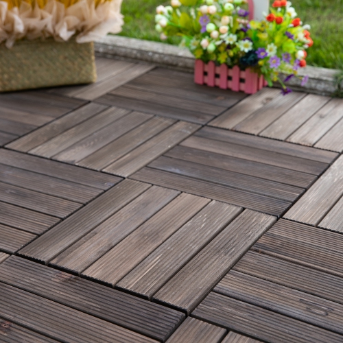 Outsunny 27 Pcs Wood Interlocking Deck Tiles, 12 x 12in Outdoor Flooring Tiles for Indoor and Outdoor Use, Tools Free Assembly, Black