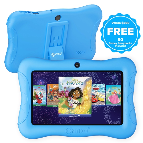 CONTIXO  7" Kids Tablet 32GB, 50+ Disney Educational Storybooks, Parental Control, Android, Protective Case W/ Kickstand for Kids Ages 3-7 - In Blue Love the compact size of tablet for my child's little hands
              The case it comes with is pretty thick and seems like it can handle a couple drops