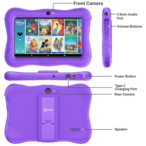 Contixo 7" Kids Tablet, 50 FREE Disney eBooks, 32GB, Educational Android Tablet for kids 3-7, Parental Controls, Dual Camera, WIFI - Purple