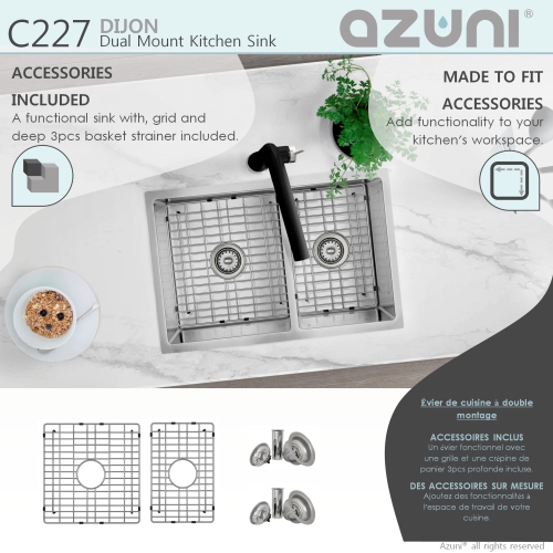 AZUNI 27"L x 18"L Double Bowl 60/40 Undermount and Drop-in 16G Reversible Kitchen Sink with grids and Basket Strainers C227