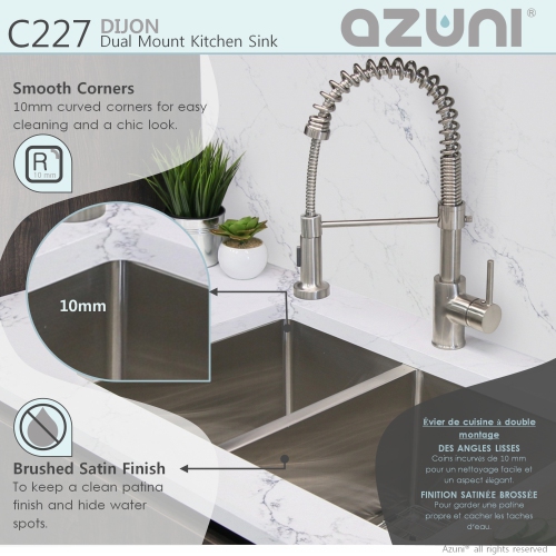 AZUNI 27"L x 18"L Double Bowl 60/40 Undermount and Drop-in 16G Reversible Kitchen Sink with grids and Basket Strainers C227