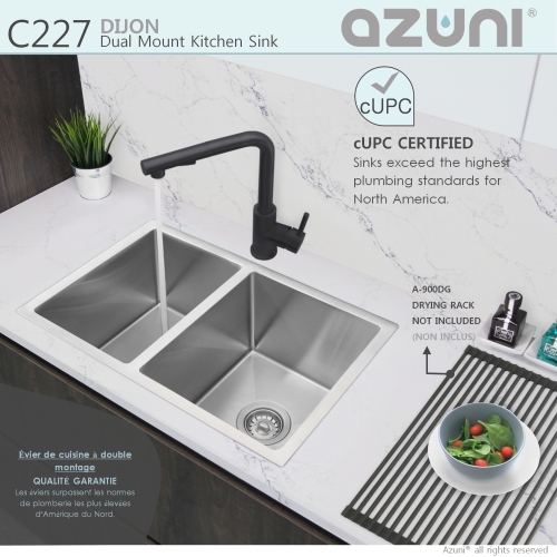 AZUNI 27"L x 18"L Double Bowl 60/40 Undermount and Drop-in 16G Reversible Kitchen Sink with grids and Basket Strainers C227