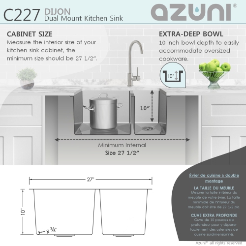 AZUNI 27"L x 18"L Double Bowl 60/40 Undermount and Drop-in 16G Reversible Kitchen Sink with grids and Basket Strainers C227